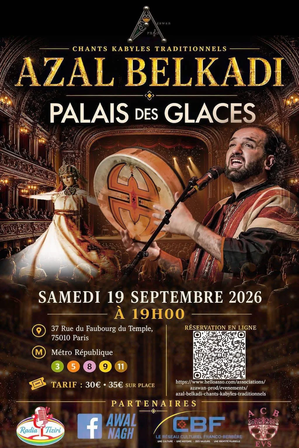 Affiche Azal Belkadi chants kabyles traditionnels — Palais des Glaces, Paris