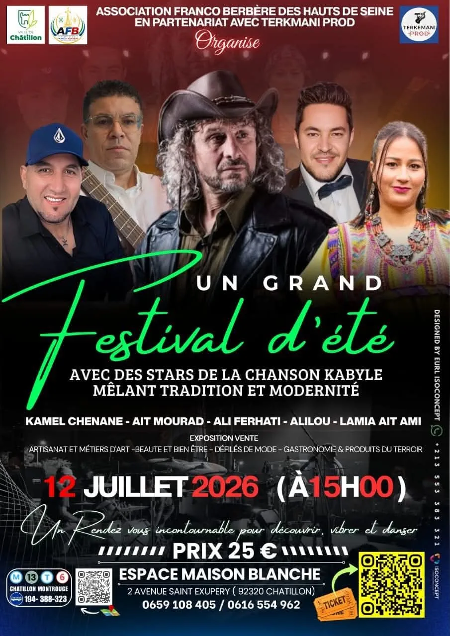 Affiche du grand festival d'été de la chanson kabyle à l'Espace Maison Blanche de Châtillon le 12 juillet 2026