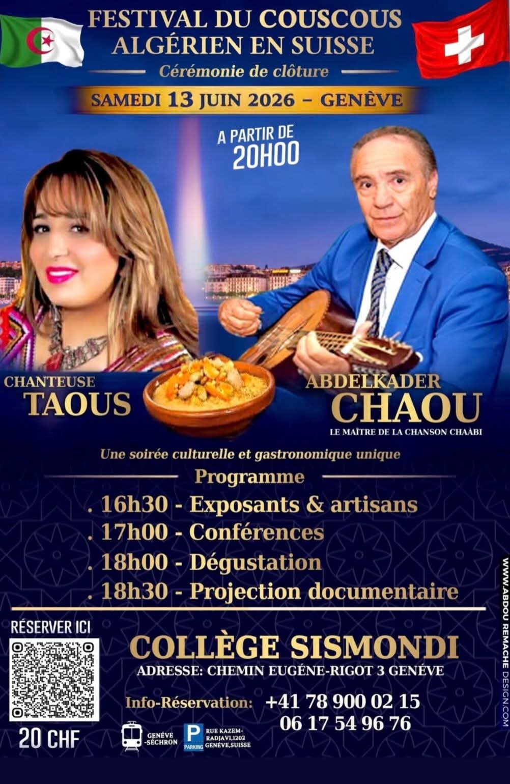 Affiche Festival du Couscous Algérien en Suisse avec Taous et Abdelkader Chaou au Collège Sismondi à Genève