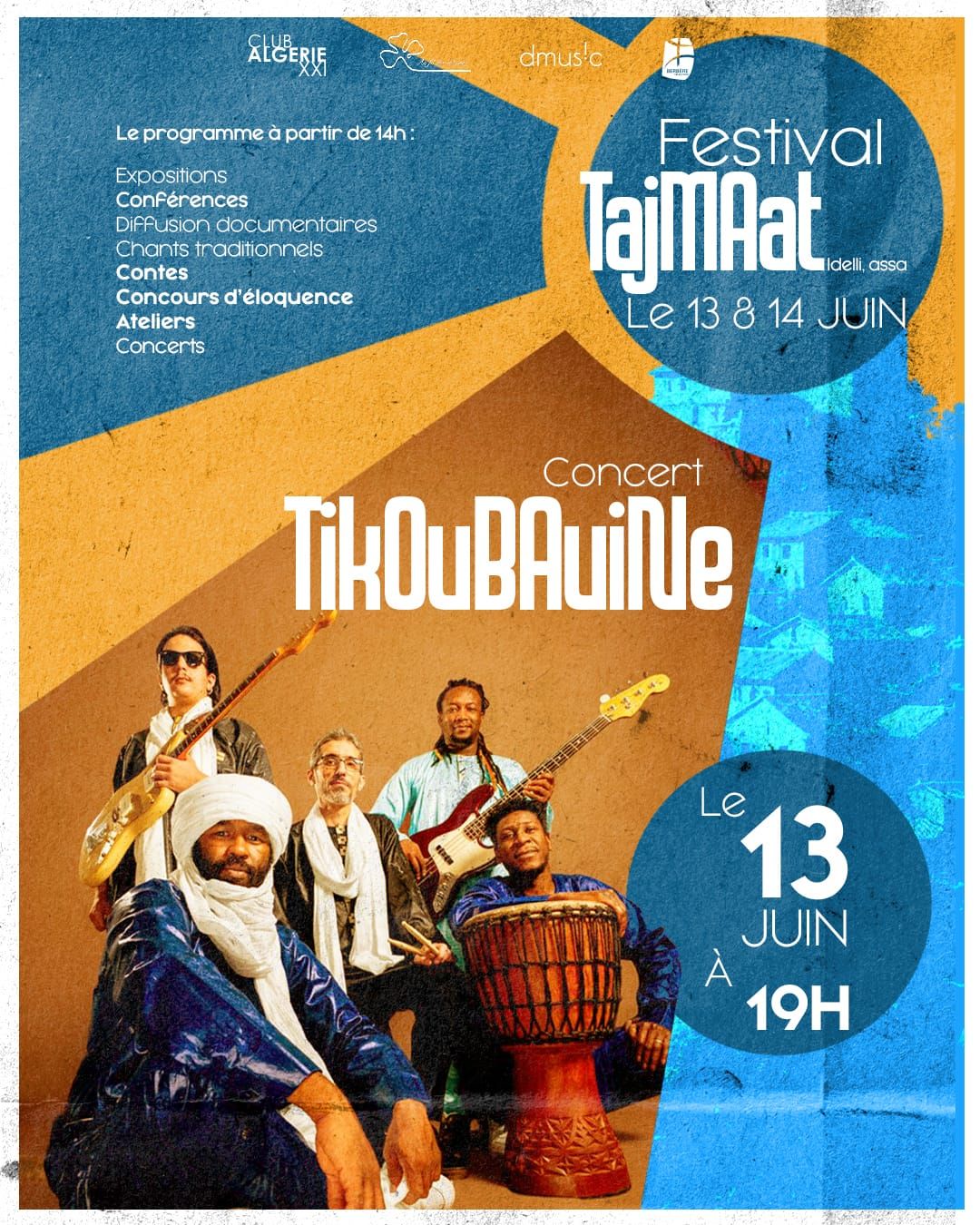 Affiche du Festival Tajmaat à la Halle des Grésillons de Gennevilliers — concert Tikoubaouine le 13 juin 2026