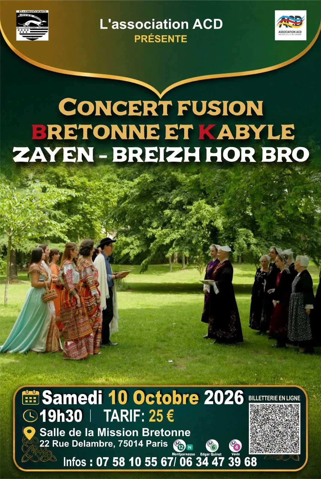Affiche Concert fusion bretonne et kabyle, Zayen et Breizh Hor Bro, Salle de la Mission Bretonne à Paris le 10 octobre 2026