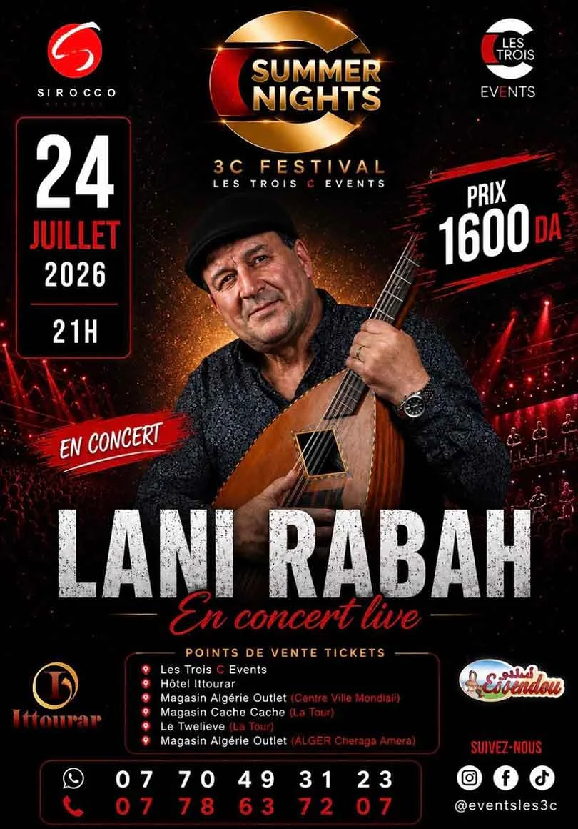 Affiche LANI RABAH en concert — 3C Festival Summer Nights, Timizart Loghbar, Tizi-Ouzou