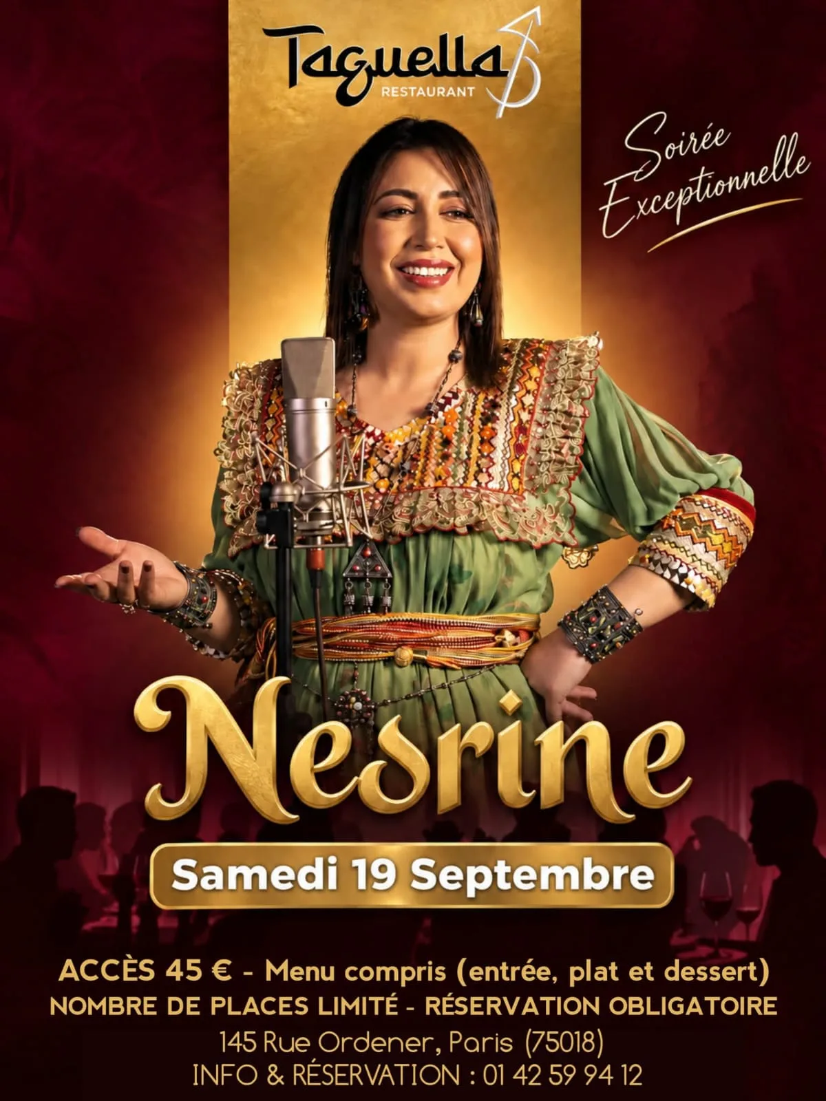 Affiche Nesrine en soirée exceptionnelle au Taguella Restaurant à Paris le 19 septembre 2026