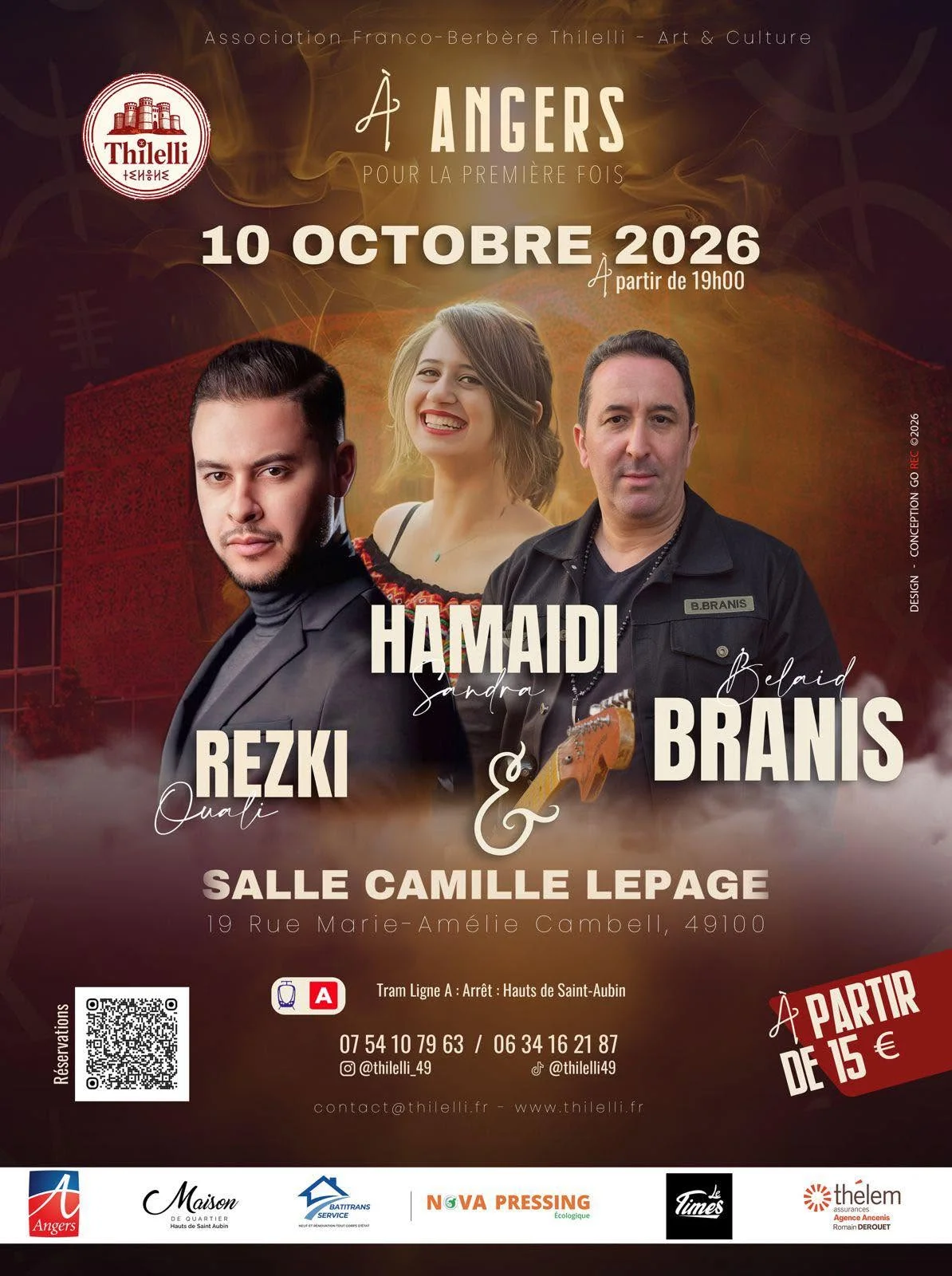 Affiche du concert de Rezki Ouali, Sandra Hamaidi et Belaid Branis à la Salle Camille Lepage d'Angers le 10 octobre 2026