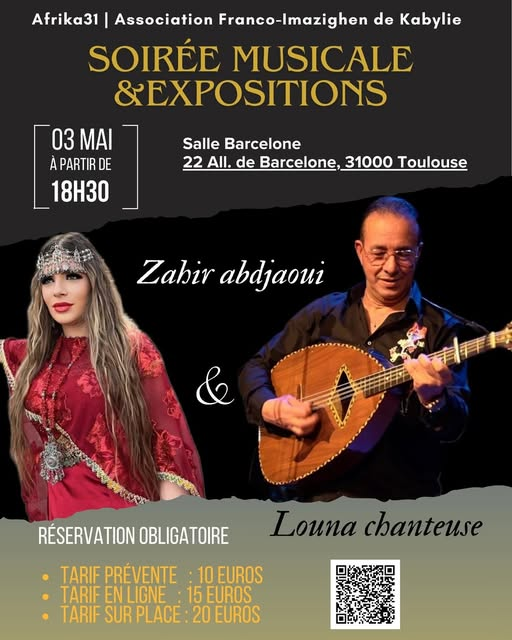 Affiche Soirée Musicale & Expositions avec Zahir Abdjaoui et Louna à la Salle Barcelone